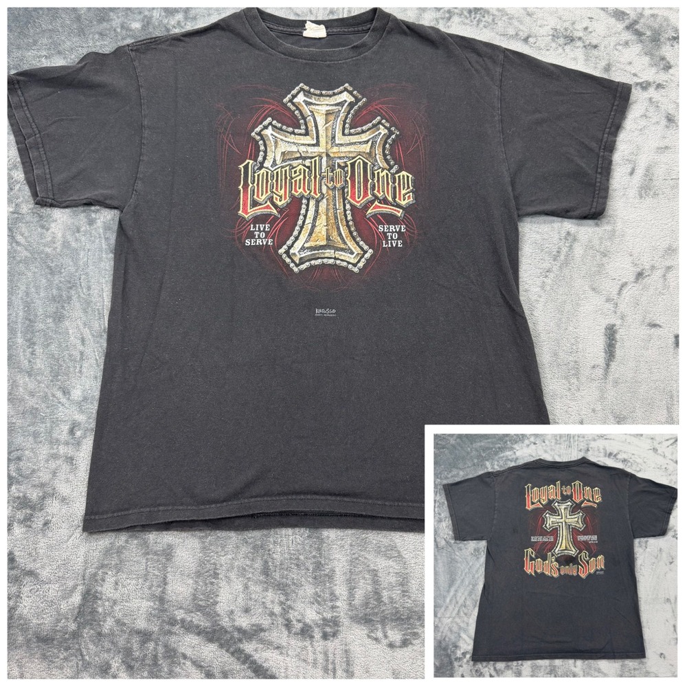 Kerusso Loyal to One Christian Cross Jesus T Mens Large Black Biker Graphic God